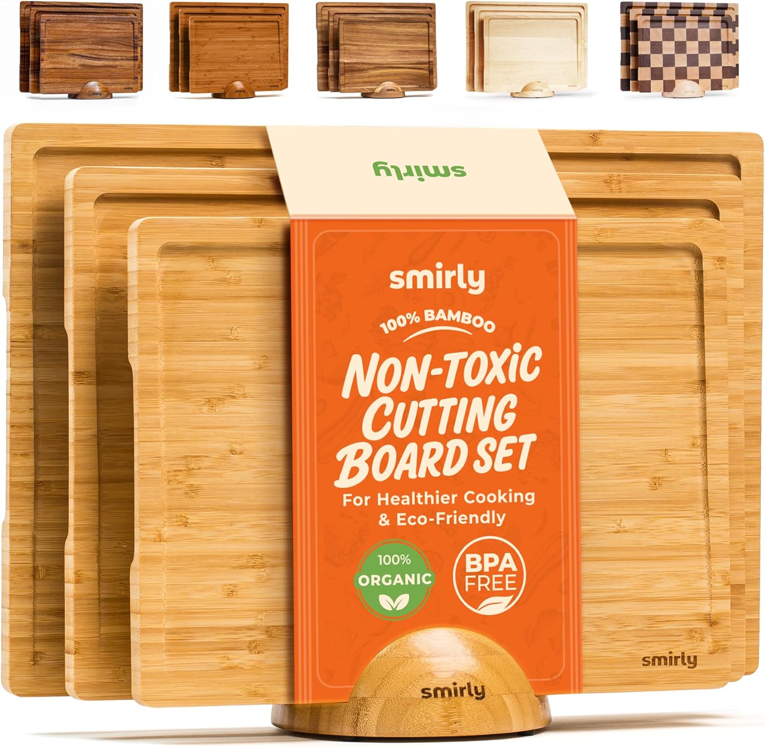 SMIRLY 3-Pack Bamboo Cutting Board Set with Holder