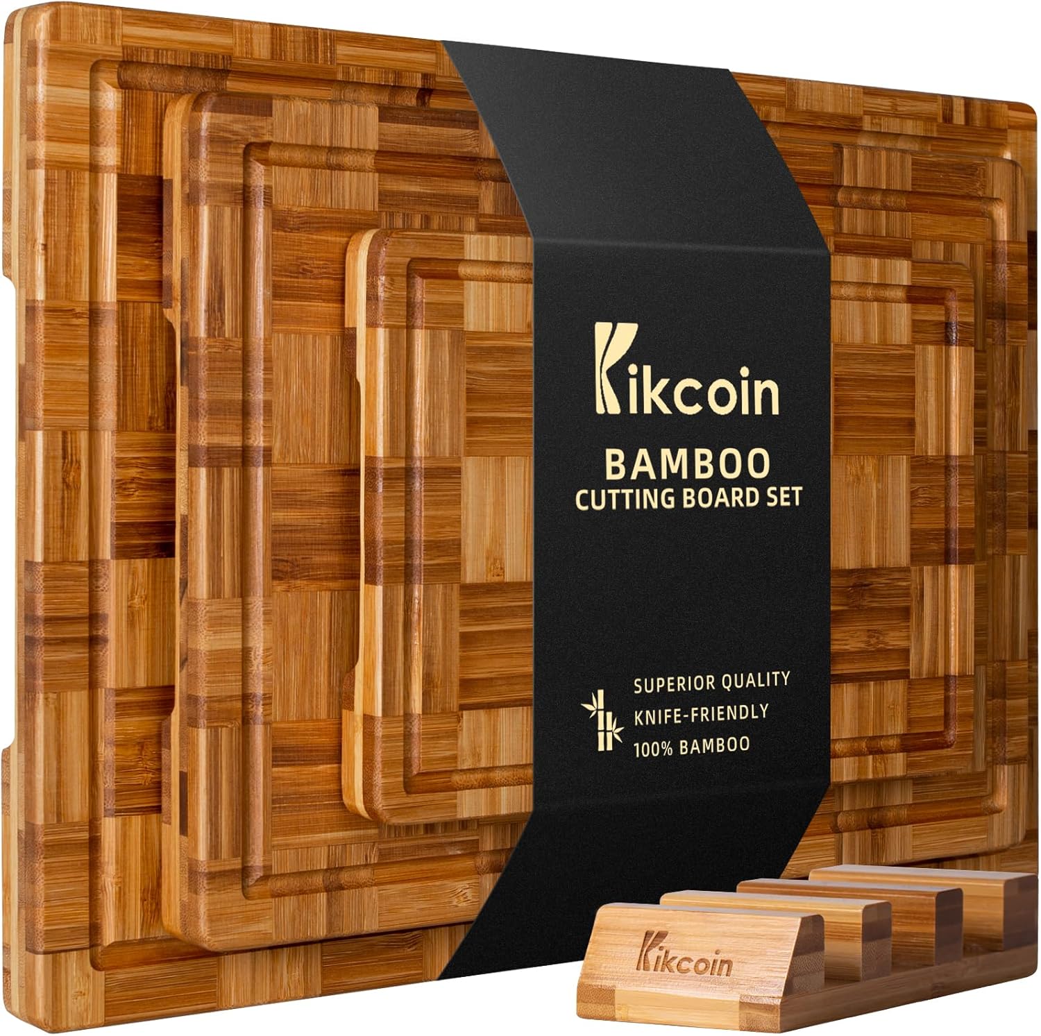 Kikcoin 3-Pack Thickened Bamboo Cutting Board Set with Rack
